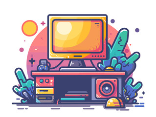 Home entertainment concept. Vector illustration in trendy flat style. Computer monitor, headphones, remote control, video game console, microphone, cactus