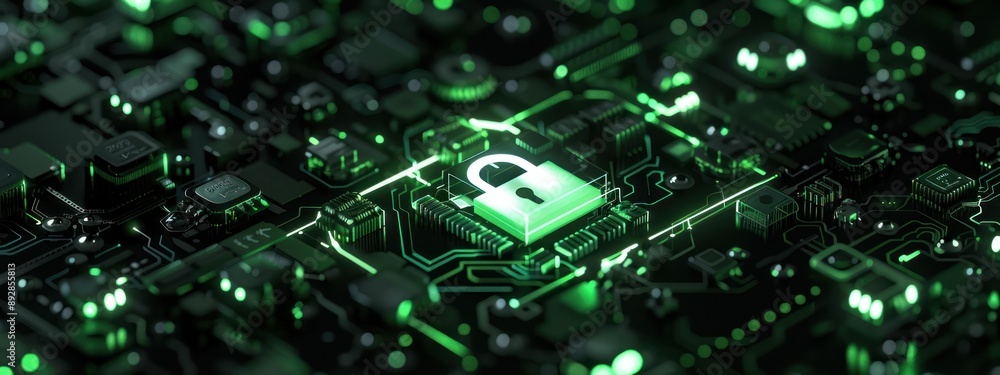 Poster glowing green circuit board with lock