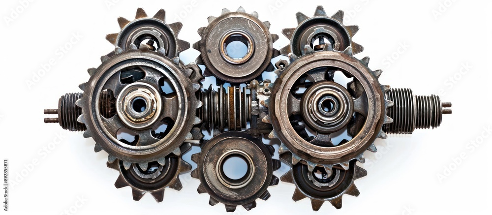 Poster A closeup of interconnected rusty gears forming a complex mechanical arrangement