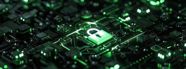 Glowing Green Circuit Board With Lock