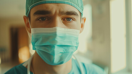 Portrait of a young doctor in protective suit and medical mask