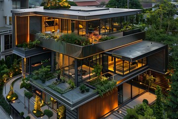 Contemporary villa exterior with a unique design, featuring cantilevered sections, a rooftop terrace, and a beautifully lit garden. The facade is a mix 