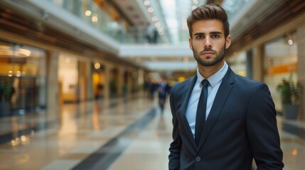 Man in a suit standing in a modern office building hallway