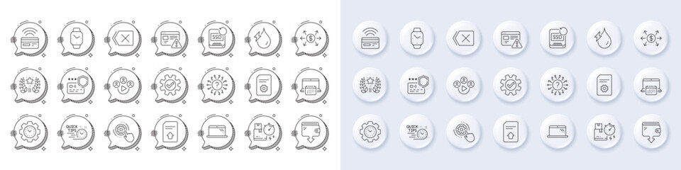 Laptop, Calendar and Question mark line icons. White pin 3d buttons, chat bubbles icons. Pack of Smartwatch, Delivery time, Cogwheel settings icon. Vector