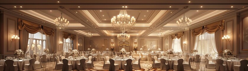 Elegant reception hall with crystal chandeliers, guests dining, ambient warm light, festive atmosphere, illustration