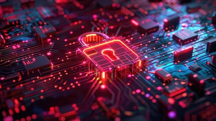 Obraz premium Advanced Cyber Security Digital Lock - Neon Glowing Circuit Board - High-Definition Technology Image for Online Protection, Network Security, and Data Encryption - Modern High-Tech Design