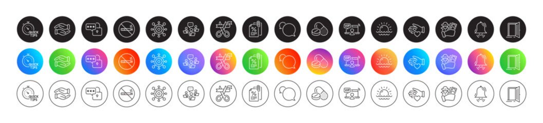 Open door, Messenger and Helping hand line icons. Round icon gradient buttons. Pack of Fraud, Medical drugs, Clock bell icon. Vip access, Lock, Framework pictogram. Vector
