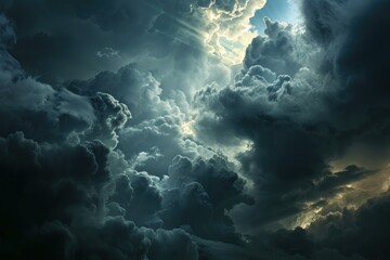 Fototapeta premium Breathtaking aerial view of a majestic and dramatic cloudscape with sunbeams and ethereal sunlight rays. Creating a moody and atmospheric scene in the natural environment