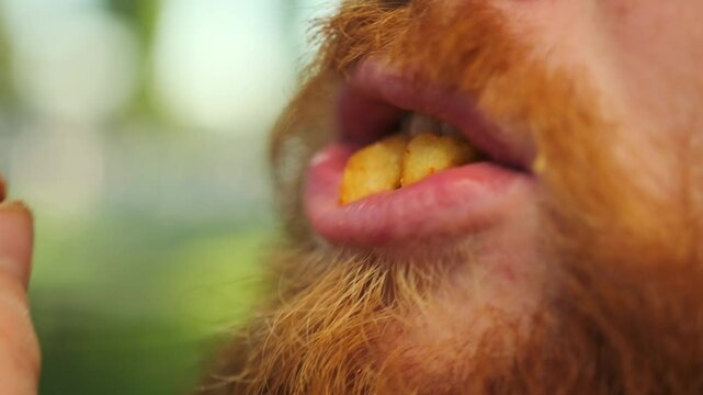 Close-up of a hand with french fries put in mouth of a red-haired glutton caucasian man snacking on fast food in nature. Slow motion.