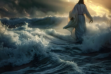 dramatic portrayal of jesus walking on turbulent waters during a raging storm emphasizing divine power and faith