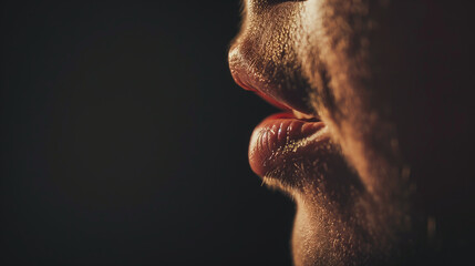 Close-up of a man's mouth in profile on a black background