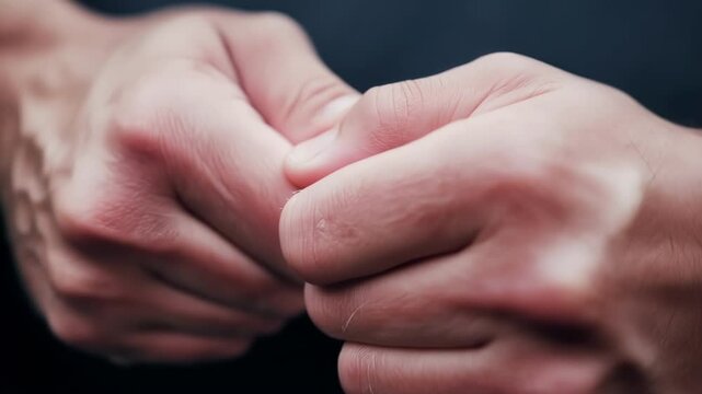A persons hands gripping onto soing tightly their knuckles turning white as goosebumps pop up on their fingers and palms.