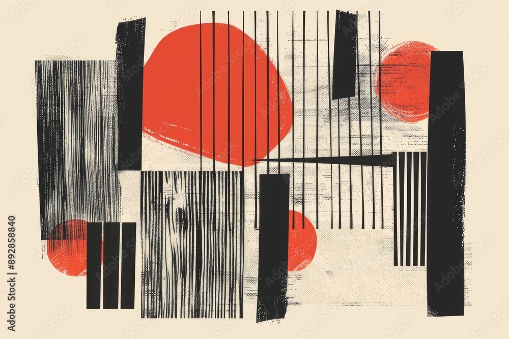 Poster a simple illustration of black lines and shapes with bright red circles