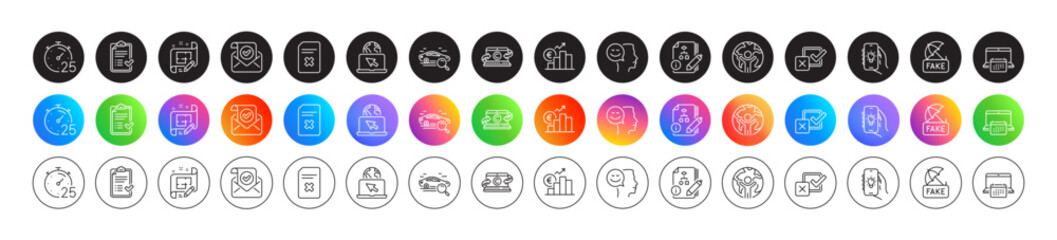 Algorithm, Confirmed mail and Copywriting notebook line icons. Round icon gradient buttons. Pack of Timer, Good mood, Internet icon. Architect plan, Euro rate, Checkbox pictogram. Vector