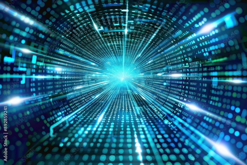 Poster abstract concept of a cyberspace tunnel with streaming binary code