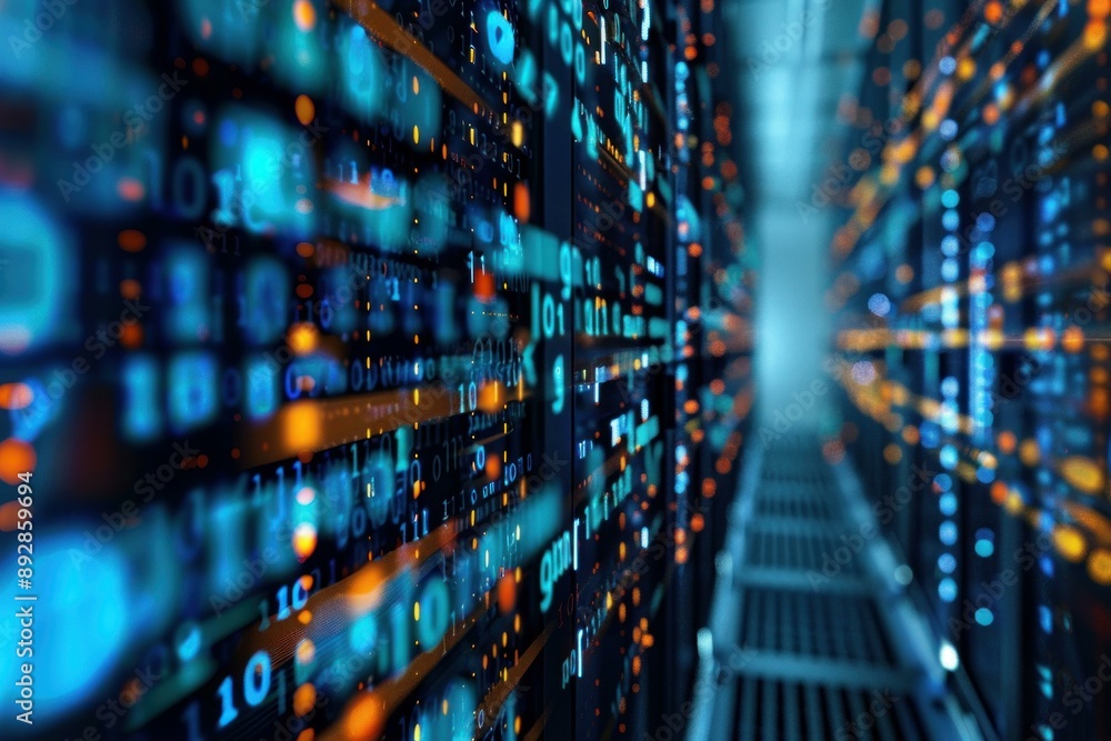 Poster vibrant image of a server room with a flowing digital binary code