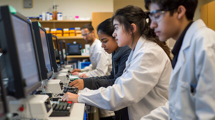Fototapeta premium researchers designing and testing biosensors for detecting specific molecules or pathogens in a bioanalytical chemistry lab