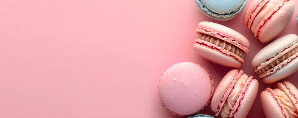 Fototapeta premium Close up banner of macaroons on pink background with copy space. Top view pastel pink and mint macaron. French sweet meringue dessert with cream. Сoncept design for pastry, bakery, cafe, restaurant.