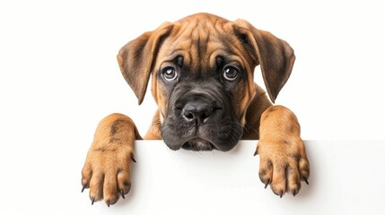 Obraz premium Mastiff puppy cleaning up empty banner and placard white background