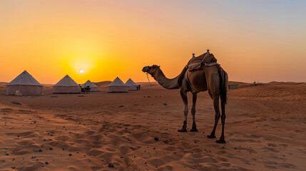 Camel near traditional tents against a golden desert backdrop at sunset, capturing nomadic life