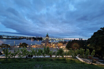 hamburg harbour, st. pauli-landungsbrücken in the blue hour