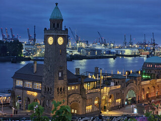 hamburg harbour, st. pauli-landungsbrücken in the blue hour