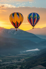 Fototapeta premium Colorful hot air balloons soaring over a scenic valley at sunrise, evoking a sense of adventure, freedom, and natural beauty.