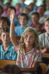 Fototapeta premium A young girl raising her hand in a classroom filled with students, symbolizing learning, participation, and engagement in education.