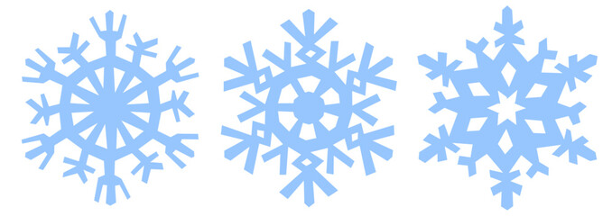 Three snowflakes are shown in blue. The snowflakes are all different sizes and shapes