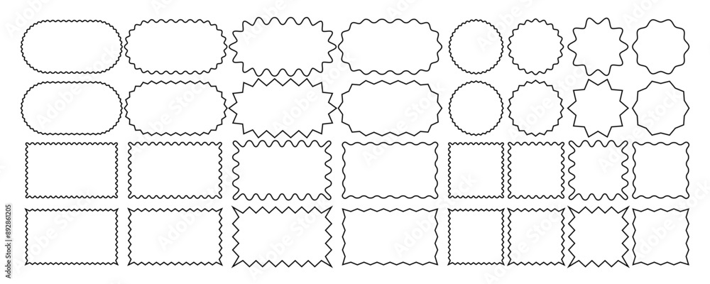 Poster Black Frames with Corrugated Edges Isolated on White. Simple Labels with Zig Zag Borders. Wiggly Shapes Illustration. Modern Design Elements for Photo and Picture, Frames and Tags.
