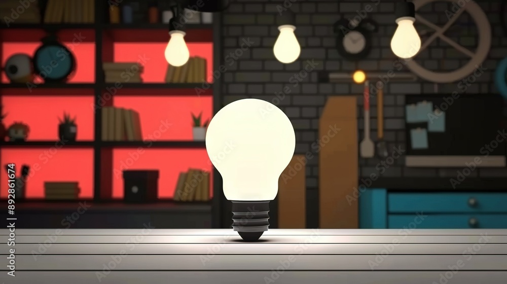 Poster light bulb on table near bookshelf with clock