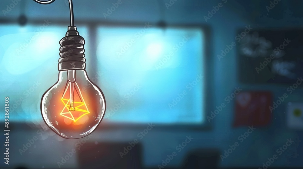 Poster a light bulb with an origami symbol dangling next to a computer monitor