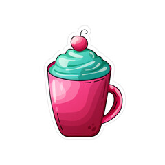 isolated flat summer berry pink drink in pink cup on the white background. vector sticker art