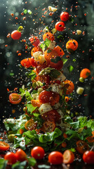 A bunch of tomatoes and onions are falling from the sky. d