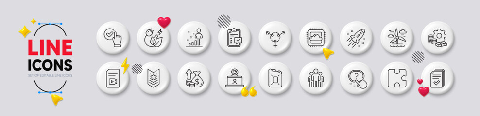 Handout, Puzzle and Checkbox line icons. White buttons 3d icons. Pack of Inflation, Stats, Group icon. Question button, Windmill, Startup rocket pictogram. Vector