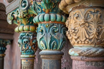 Fototapeta premium Closeup of beautifully decorated terracotta pillars with colorful accents