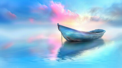 Fototapeta premium A tiny vessel bobbing atop a serene water expanse beneath a cloud-laden, azure sky, speckled with vibrant fuchsia and mauve h