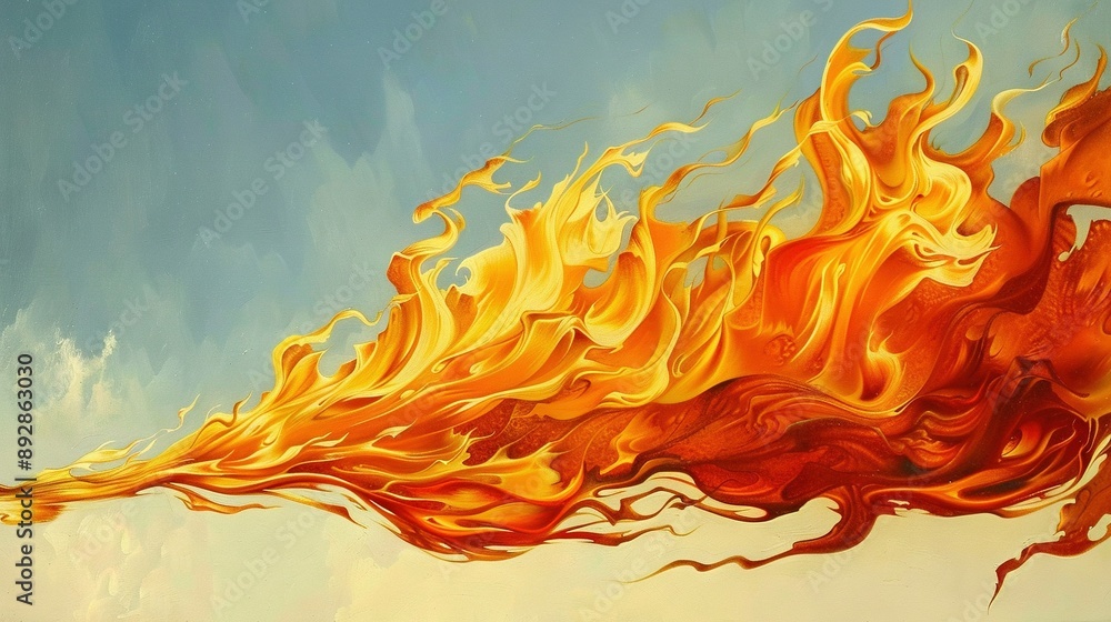 Poster a vibrant depiction of flames against a azure backdrop with cloudy overlays in both the foreground a