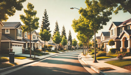 Quiet suburban street with neatly lined houses...Peaceful neighborhood with tree-lined streets.