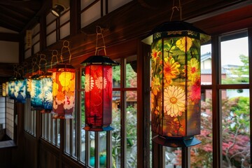 Obraz premium Vibrant and colorful traditional japanese lanterns illuminating a cozy and calm interior setting with a warm glow. Handcrafted from wood in artistic designs
