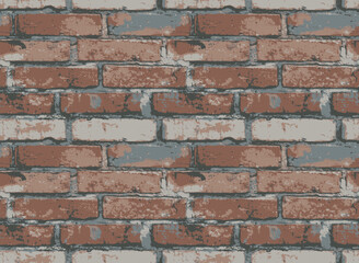 Seamless pattern with old worn brick wall. A grunge-style vector texture with horizontal brown brickwork. The repeating background is suitable for wallpaper, wrapping paper, textiles