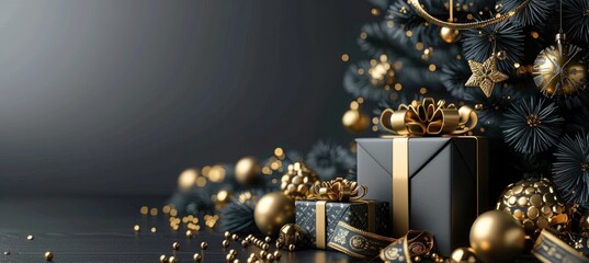 Christmas Tree and Gifts in Gold and Black