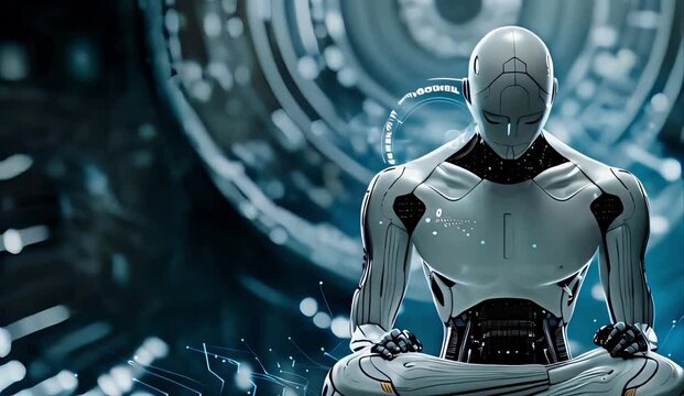 time machine concept: thinking robot sitting with Abstract Digital number timer clock Technology, time machine data, Rotating clock, big data