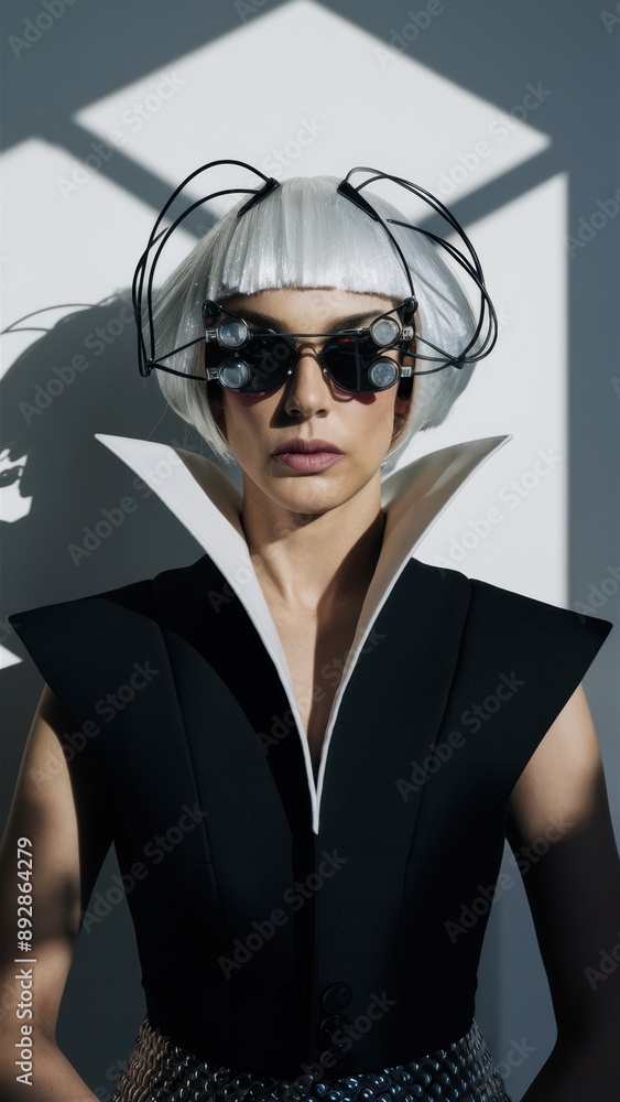 Canvas Prints A woman with white hair wearing sunglasses and a black top, AI