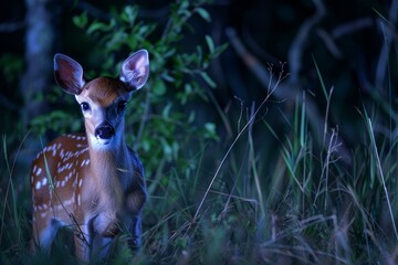Captivating fawn stands alert in a serene, moonlit woodland setting
