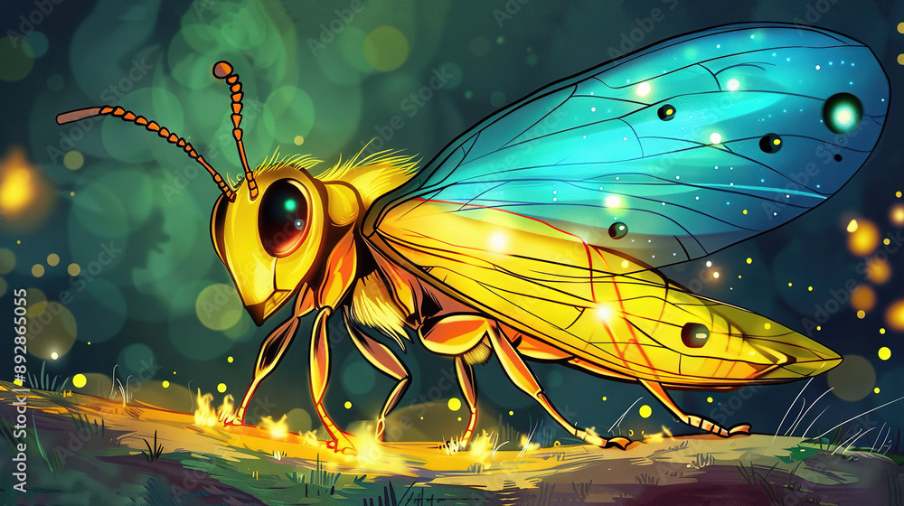 Poster a close-up of an insect with yellow and blue wings and bubble patterns water is visible in the backg