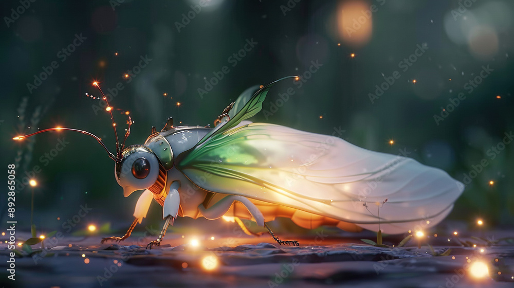 Poster a close-up of a bug on the ground with fireflies in its back and lights in the background