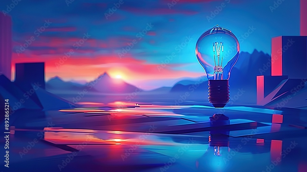 Poster a tableau featuring a bulb atop a table with a mountaintop and body of water in the background