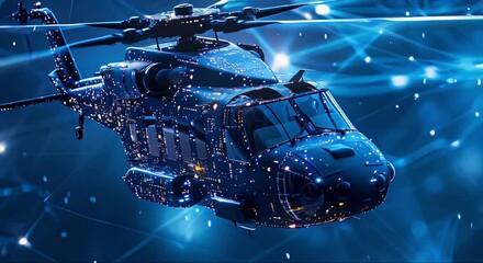 young robot pilot sitting in the helicopter cabin and looking front, with future high speed lines data flow, blue data, aircraft, future technology data, aerial view - Powered by Adobe