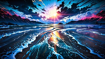 Landscape with mountains, water, sky, clouds, sunset, and reflection. Perfect for travel brochures, posters, blog headers, and website backgrounds.